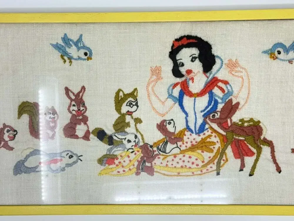 Vintage Embroidered Snow White Woodland Animals Framed Needlepoint Art
